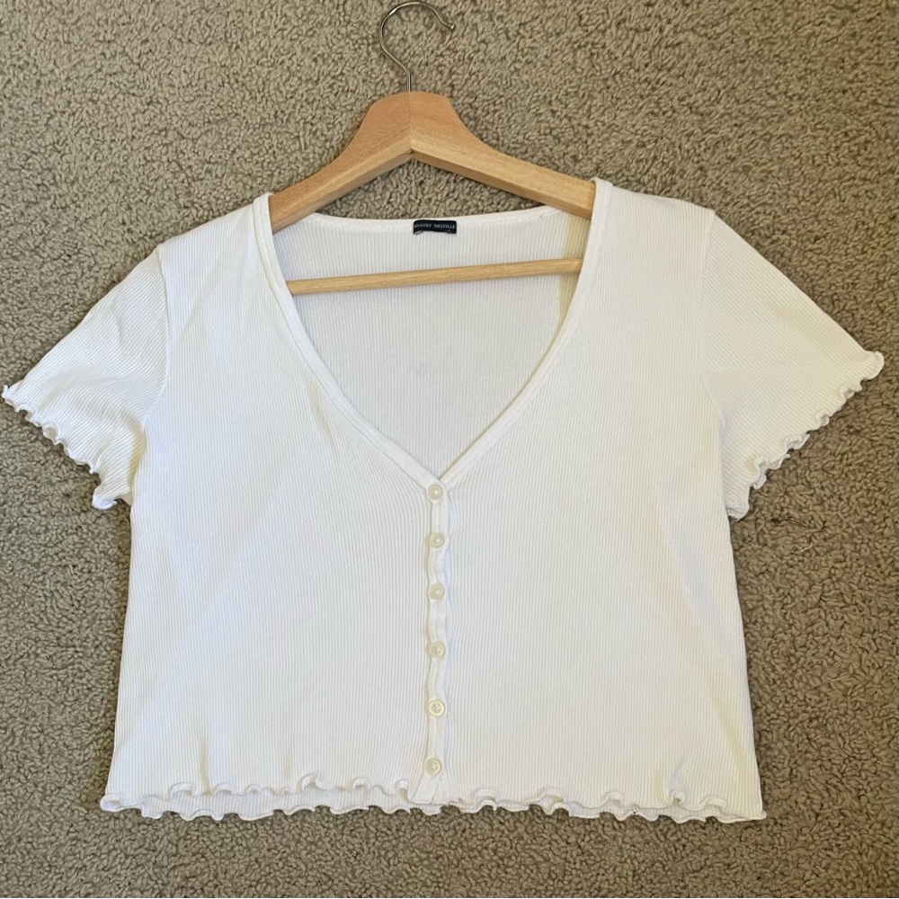 brandy melville white ruffled paige top (one size)